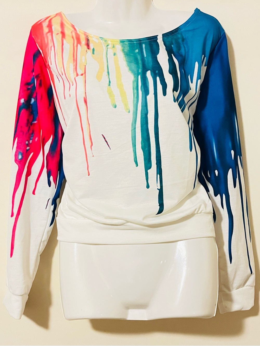 SHEIN White Long-Sleeve Paint Drip Sweatshirt with Multicolor Accents XL NWOT